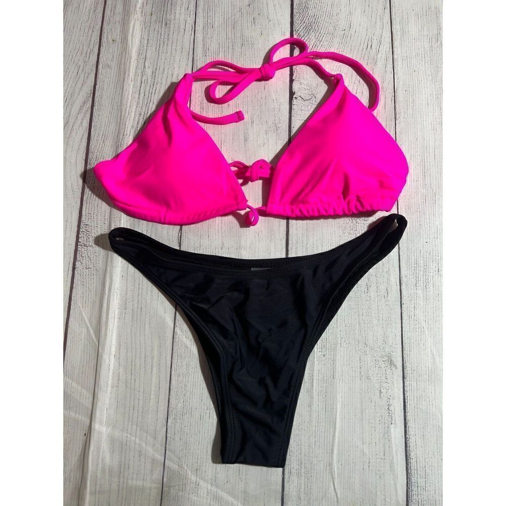 Matte Collection 2 piece Hot Pink & Black bikini Swim top size M bottom size S